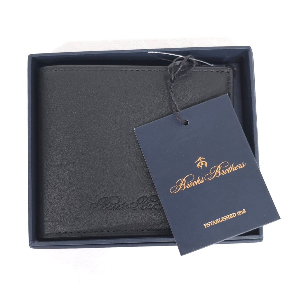 BROOKS BROTHERS Mens New Wallet Black Leather Bifold Card Slots Logo Gift Box